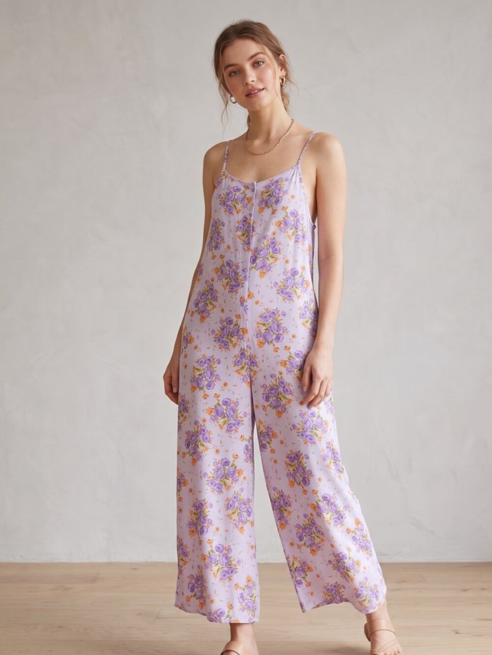 NWT | Purple Lavender Floral Wide Leg Spaghetti Strap Romper Jumpsuit | XLarge